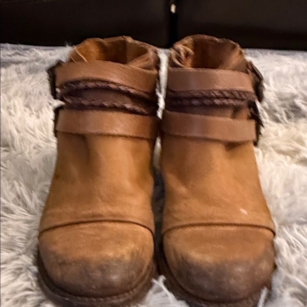 freebird Tan Leather Ankle Boots with Buckle and Braided Strap
